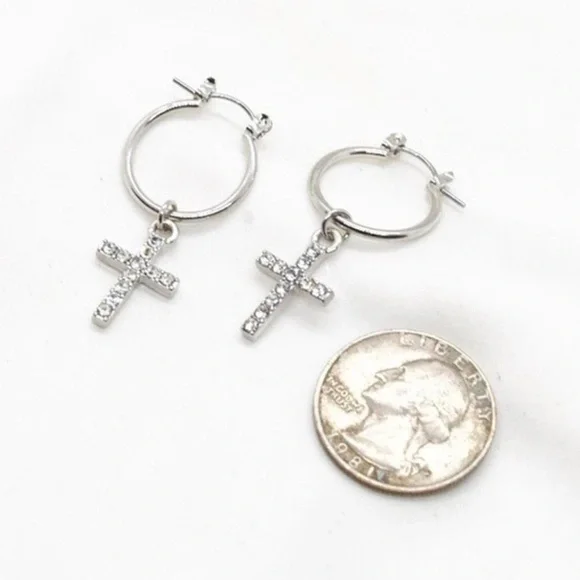Silver Cross Hoops – Minimalist Rhinestone Earrings, Dainty Christian Jewelry - Picture 3 of 4